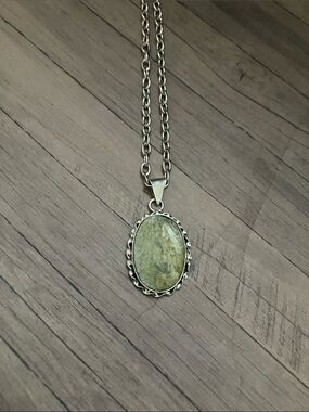 Silver Pendant Necklace with Green Oval Stone